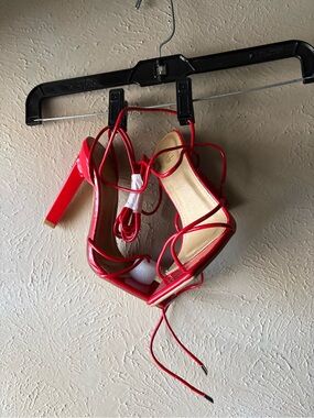 Red Strappy Block Heel Sandals - Women